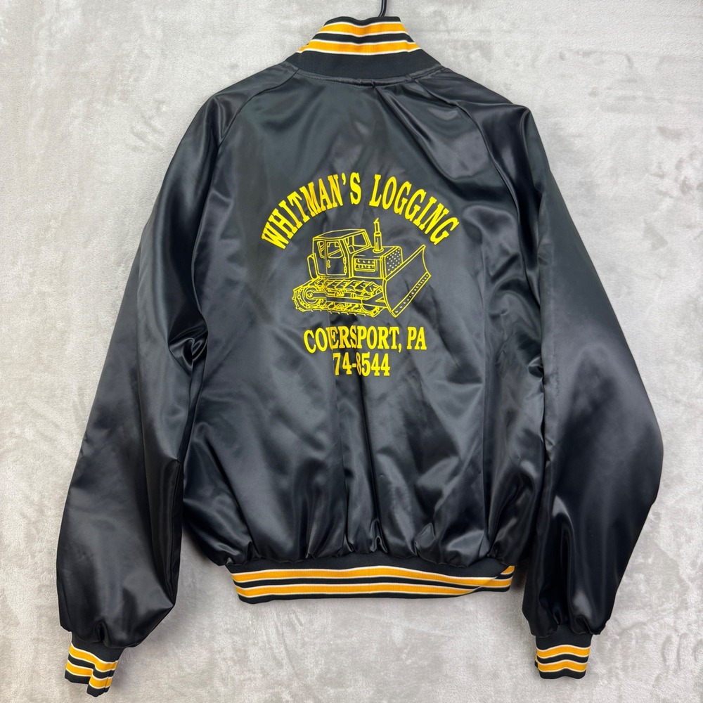 Don Alleson Athletic Jacket Mens XL Black Satin Bomber Whitman Logging‎ Vintage